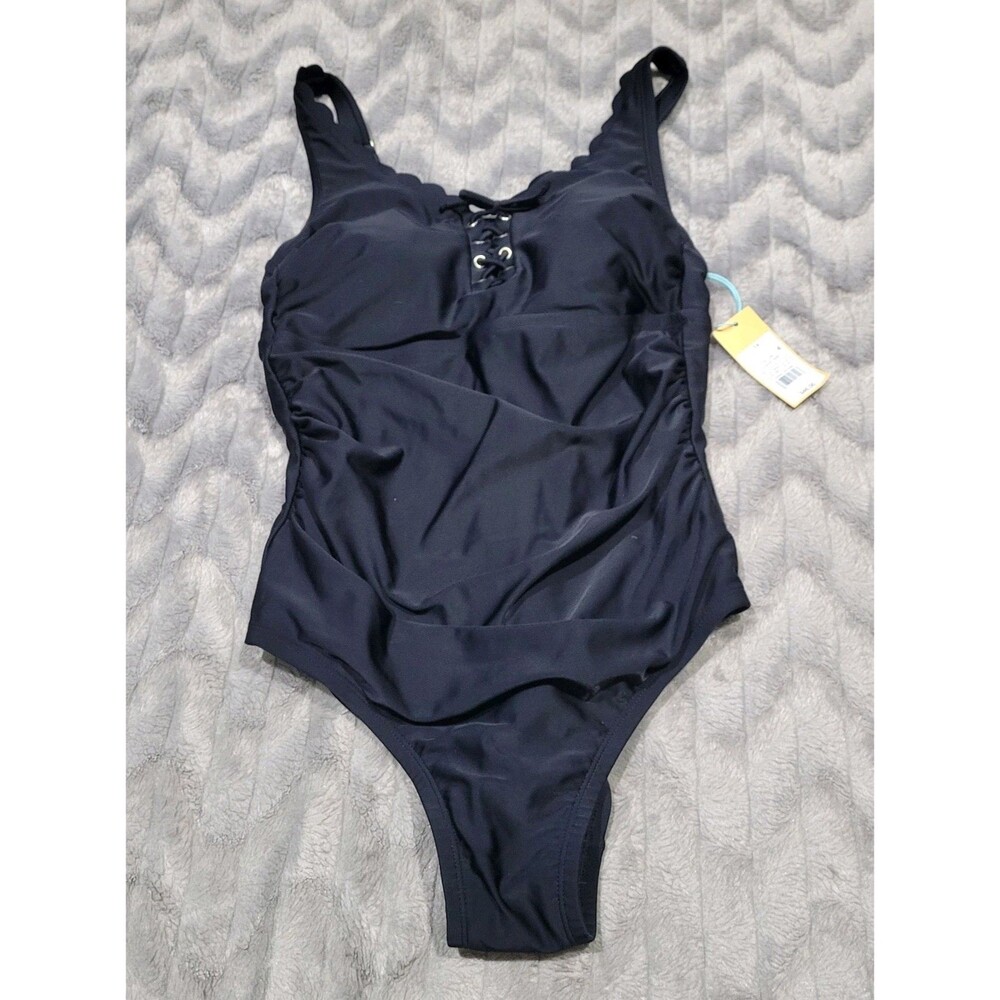 Kona Sol Womens Size 14 Solid Black Lace Up Ruffle Front One Piece Swimsuit NWT